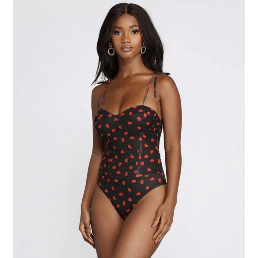 Struck By Cupid Heart Print Bodysuit Wild Cat M/L NWT